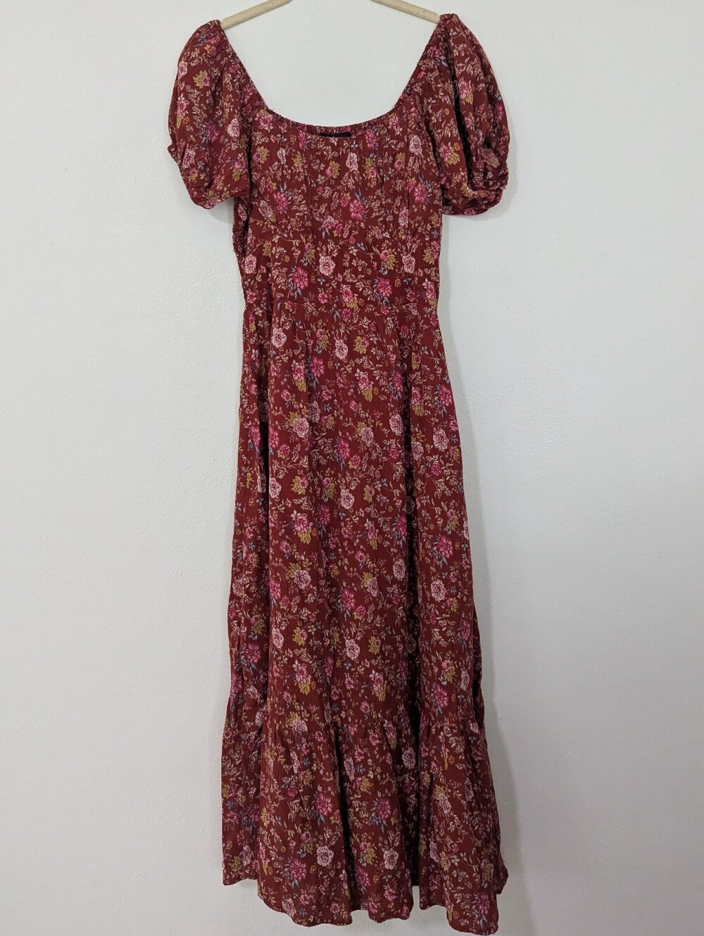 Angie Floral Print Short Puff Sleeve Peasant Midi Dress Tiered Red Small S
